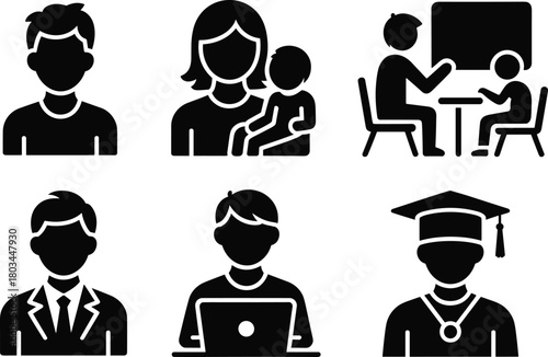 Education icons set, family support, parent and child, teaching concept, student learning, graduation success, career development, modern training, digital study symbols