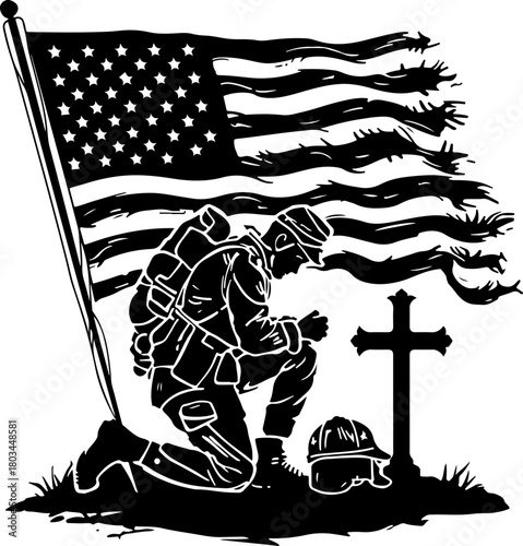 Kneeling Soldier American Flag