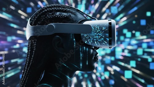 Dynamic Virtual Reality Experience: Person Immersed in Futuristic Digital World with Glowing Data and Light Streaks