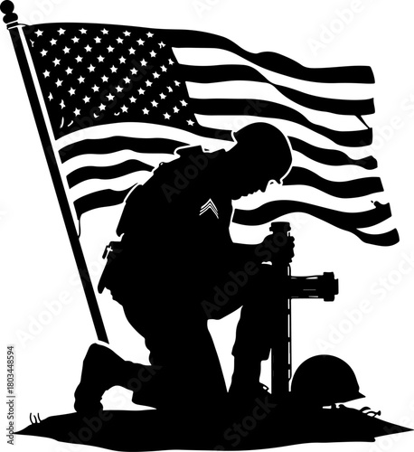 Kneeling Soldier American Flag
