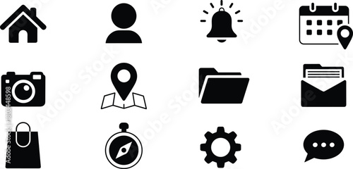 Minimalist UI icons collection featuring home, user, notifications, calendar, camera, map, folder, email, shopping, settings, and chat symbols, vector set
