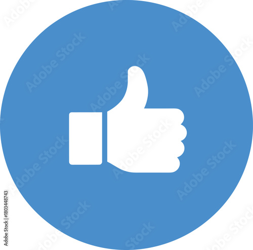 Thumbs up like icon, approval symbol, positive feedback sign, social media reaction button, blue round badge, flat vector illustration