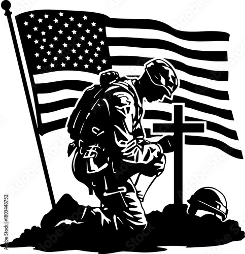 Kneeling Soldier American Flag