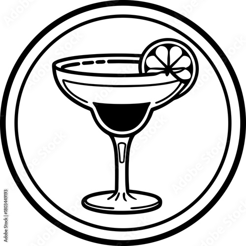 A classic margarita cocktail illustration, centered in the frame, rendered in a monochrome, high-contrast style. The cocktail glass, a wide-brimmed margarita glass, features a salt-rimmed edge and a p