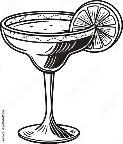 A classic margarita cocktail illustration, centered in the frame, rendered in a monochrome, high-contrast style. The cocktail glass, a wide-brimmed margarita glass, features a salt-rimmed edge and a p