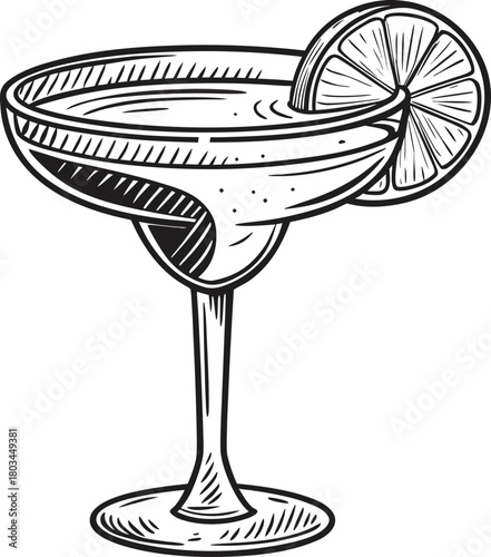 A classic margarita cocktail illustration, centered in the frame, rendered in a monochrome, high-contrast style. The cocktail glass, a wide-brimmed margarita glass, features a salt-rimmed edge and a p