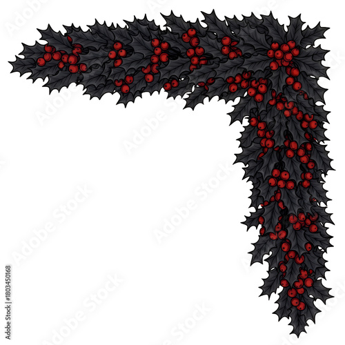 Elegant dark holly and berry corner flourish adds festive charm to holiday designs, perfect for seasonal greetings and winter decor.