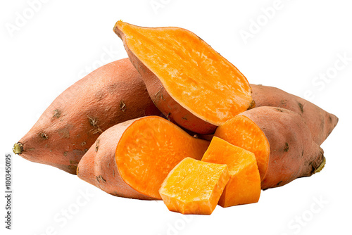 Pile of fresh sweet potatoes cut and whole isolated on transparent background