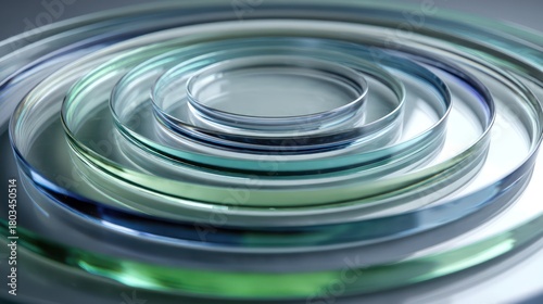 Concentric glass tiles spiraling outward ring tinted with subtle gradient colors representing layered voices Perfectly sharp edges catch