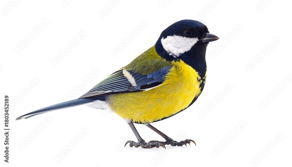 Obraz premium A vibrant bird, predominantly yellow, black, and white, stands in profile on a clean white background. Its plumage is intricate