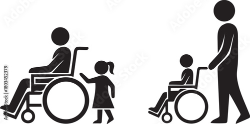 Disability awareness, care, adults and children in wheelchairs, family aid.