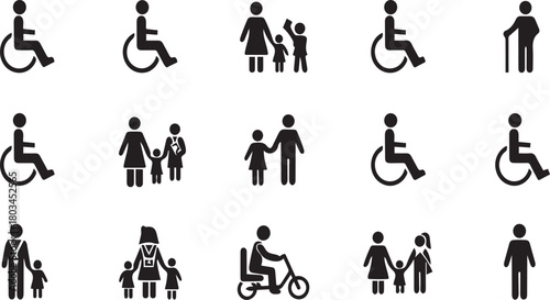 Accessible and inclusive icons featuring diverse people, families, and mobility