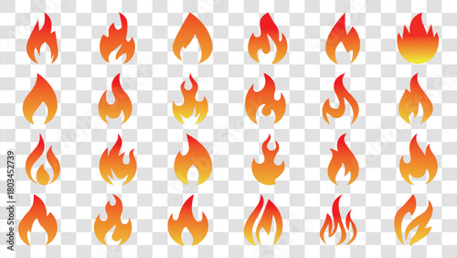 Collection of 24 stylized flame icons with red orange and yellow gradient colors fire symbol