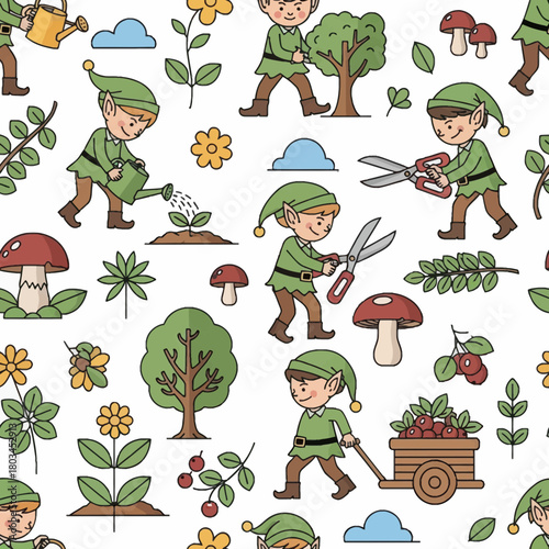 A seamless pattern featuring cute cartoon elves gardening, watering plants, planting trees, pruning, and harvesting berries, surrounded by various plants and mushrooms.