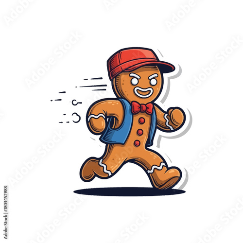 Cartoon gingerbread man character running fast with a red cap, blue vest, and bow tie, isolated on a white background.