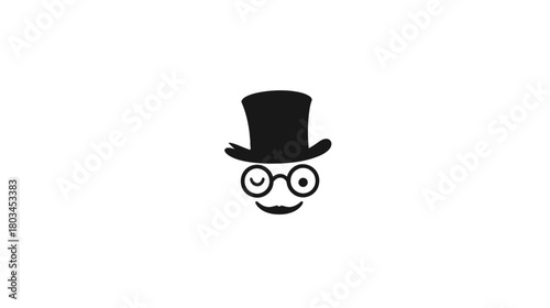Black and white graphic of a winking gentleman face with a top hat and eyeglasses. Stylish mysterious avatar icon.