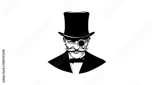 Classic Elegant Gentleman Portrait with Top Hat, Monocle, and Mustache. Vintage Black and White Engraving Style Illustration