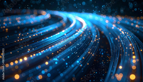 Digital Data Stream: Visualize the essence of digital connectivity with this abstract, futuristic design, showcasing data streams in vibrant hues of blue and golden particles.