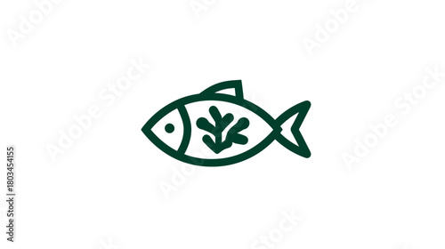 Minimalist green line art fish icon with seaweed pattern. Simple vector illustration of aquatic life symbol for ocean, healthy food, or seafood.