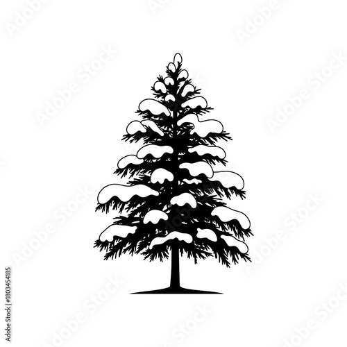 Black and white illustration of a snow-covered evergreen tree, isolated on white background.