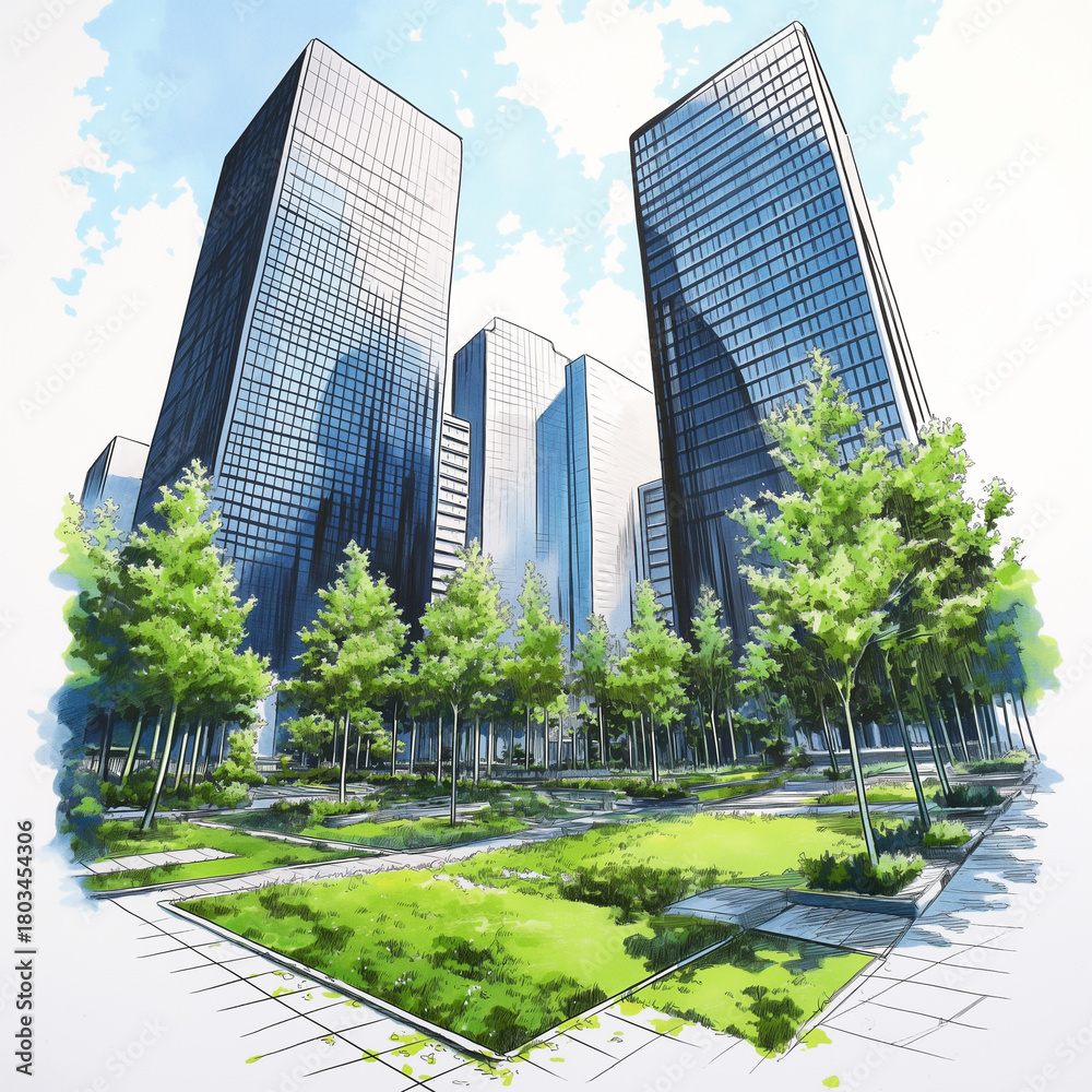 Obraz premium 雲が流れる都市の空、光と風が通り抜けるビル街の景色を、爽やかさと静けさで包んだアート素材