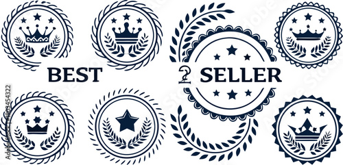A collection of twelve Best Seller badges arranged in a grid formation against a white background. Each badge is designed with a circular or wreath-like frame, predominantly in a dark blue or navy col