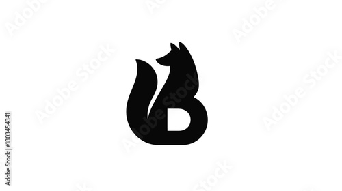 Stylized black fox head and tail forming a minimalist letter B design. Abstract animal and alphabet character graphic concept.