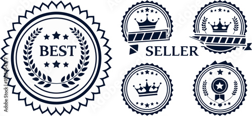 A collection of twelve Best Seller badges arranged in a grid formation against a white background. Each badge is designed with a circular or wreath-like frame, predominantly in a dark blue or navy col