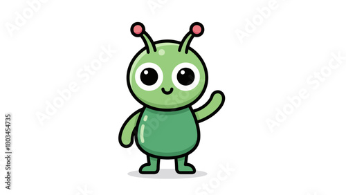 A cartoon green alien with antennae waves its right hand