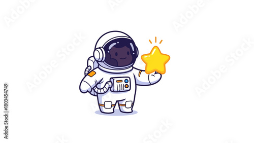A cartoon astronaut in a white suit holds a yellow star