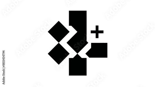 Modern abstract geometric symbol with a positive plus sign, representing data growth, connection, development, and technological integration.