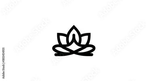 Minimalist black line art illustration of a person meditating in a lotus flower icon, symbolizing yoga, peace, and spiritual wellness.