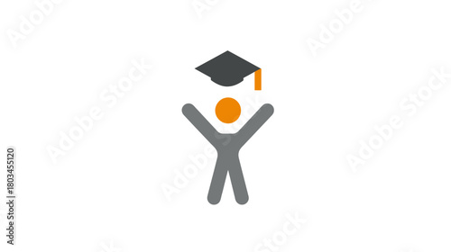Stylized figure celebrating graduation success with a mortarboard cap. Educational achievement, student learning, and academic goals icon.