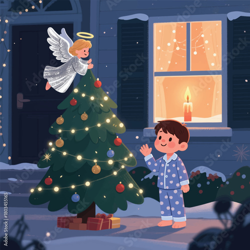 Little Boy and Elf on Christmas Eve Illustrator Artwork Banner Background Design Template 