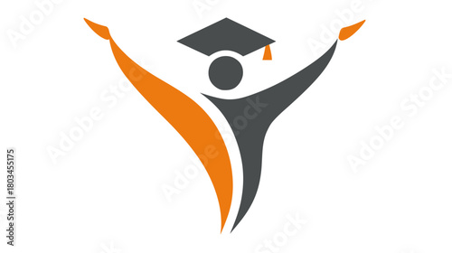 Abstract vector icon of a triumphant student with graduation cap and raised arms, symbolizing educational success and achievement