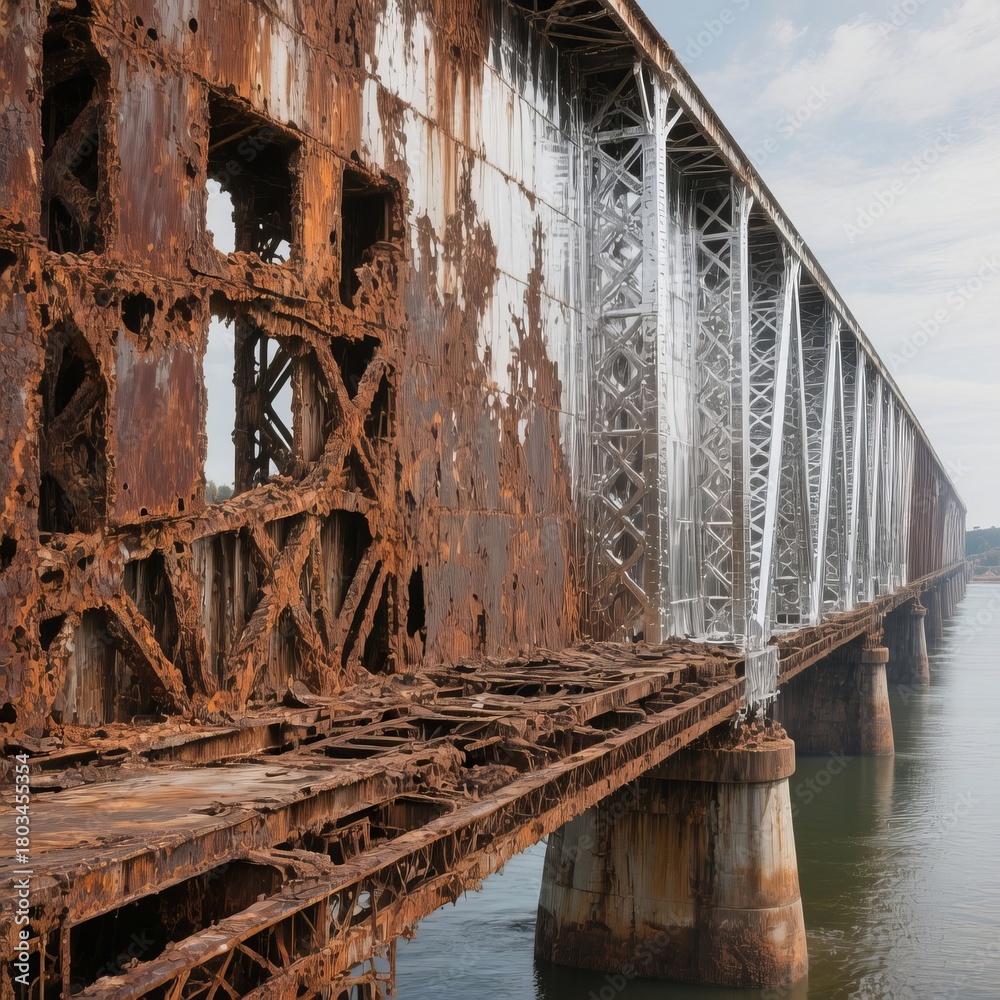 Obraz premium Aged metal bridge Rusty metal with broken parts other side clean