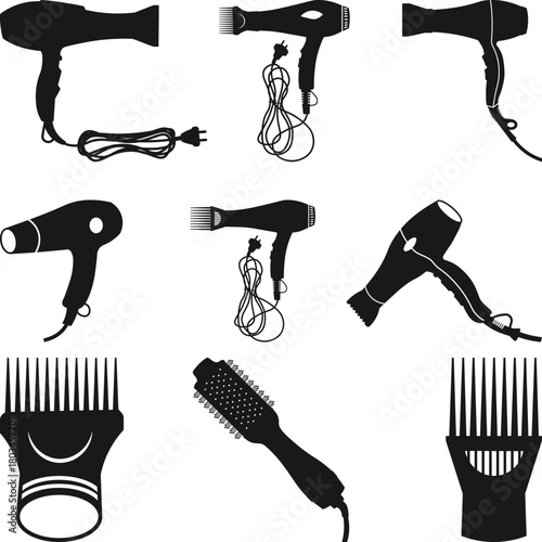 Hair Dryers Silhouettes Collection, Hairdressing Kit Silhouettes Black and White Hair Styling Tools,