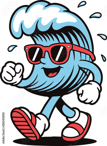 Cool Wave Mascot Walking with Sunglasses, Cool Wave Mascot Walking with Sunglasses, Surfing Wave Walking in Sneakers, Summer Beach Wave Illustration