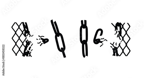 Broken chain link fence in a line