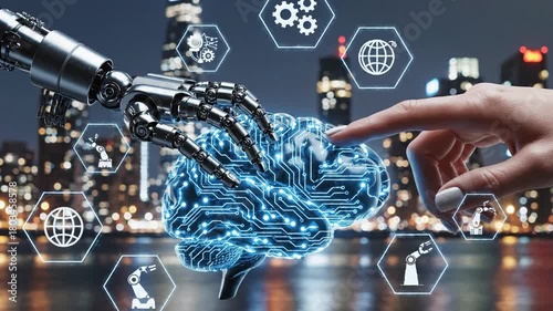 Dynamic Human-Robot Interaction: Activating AI Brain's Digital Circuits Amidst a Futuristic Cityscape