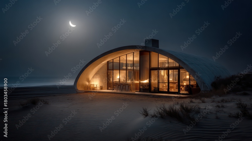 Fototapeta premium Curved desert bungalow wrapped in translucent panels glowing from interior LEDs soft night haze around structure moonlit sand