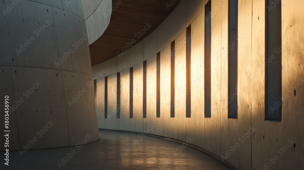 Obraz premium Curved concrete exterior wall with embedded vertical skylights side-lit during golden hour casting soft elongated shadows across smooth
