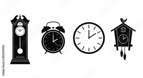 Collection of clocks in silhouette, timepieces