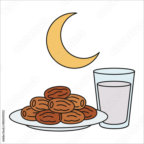 Crescent moon with dates and a glass of milk for Ramadan iftar plate