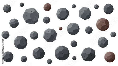 A collection of gray and brown asteroids scattered on a white background