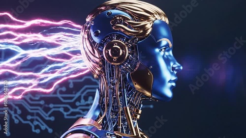Dynamic AI Robot Head with Pulsating Energy Streams and Intricate Cybernetic Design