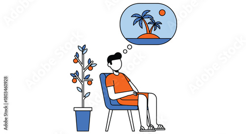 Man dreaming of tropical vacation while sitting in office chair
