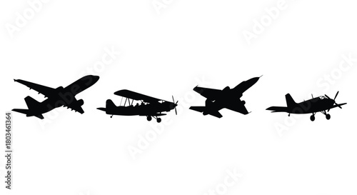 Silhouette of various airplanes in black color