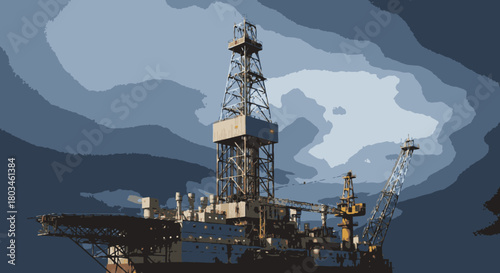 A massive offshore oil rig stands tall against a dramatic, cloudy sky, symbolizing global energy production, industrial might, and the quest for natural resources.