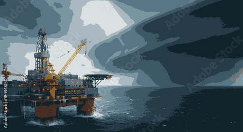 An imposing offshore oil rig stands resiliently amidst a turbulent, dark ocean under a dramatic, foreboding sky, illustrating the immense scale of marine energy extraction.